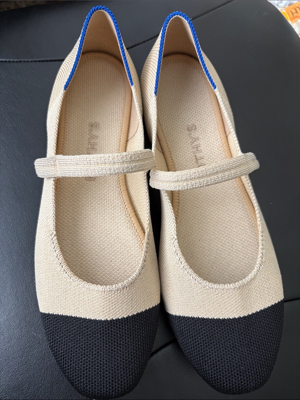 Rothy's Beige Mary Jane Flats with Black Toe and Blue Trim Size 7 - Picture 3 of 4